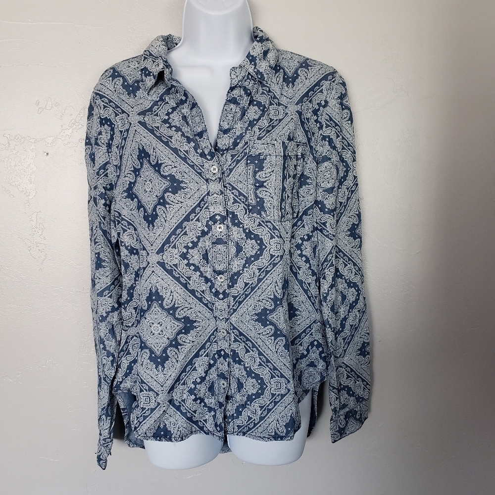 Dylan Blue White Paisley Blouse Long Sleeve Small